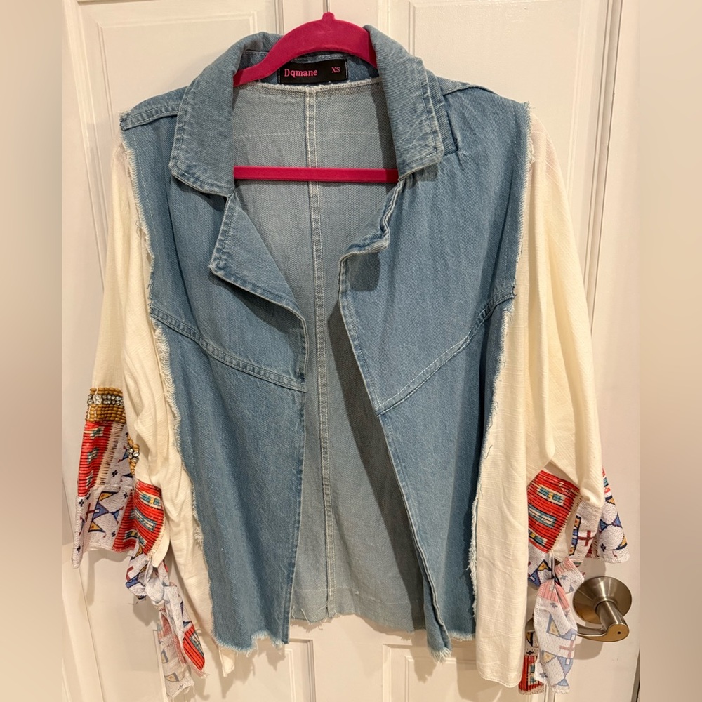 Bohemian Denim & Cream Jacket Vibrant geometric Patterns Oversized Size XS - Picture 3 of 7